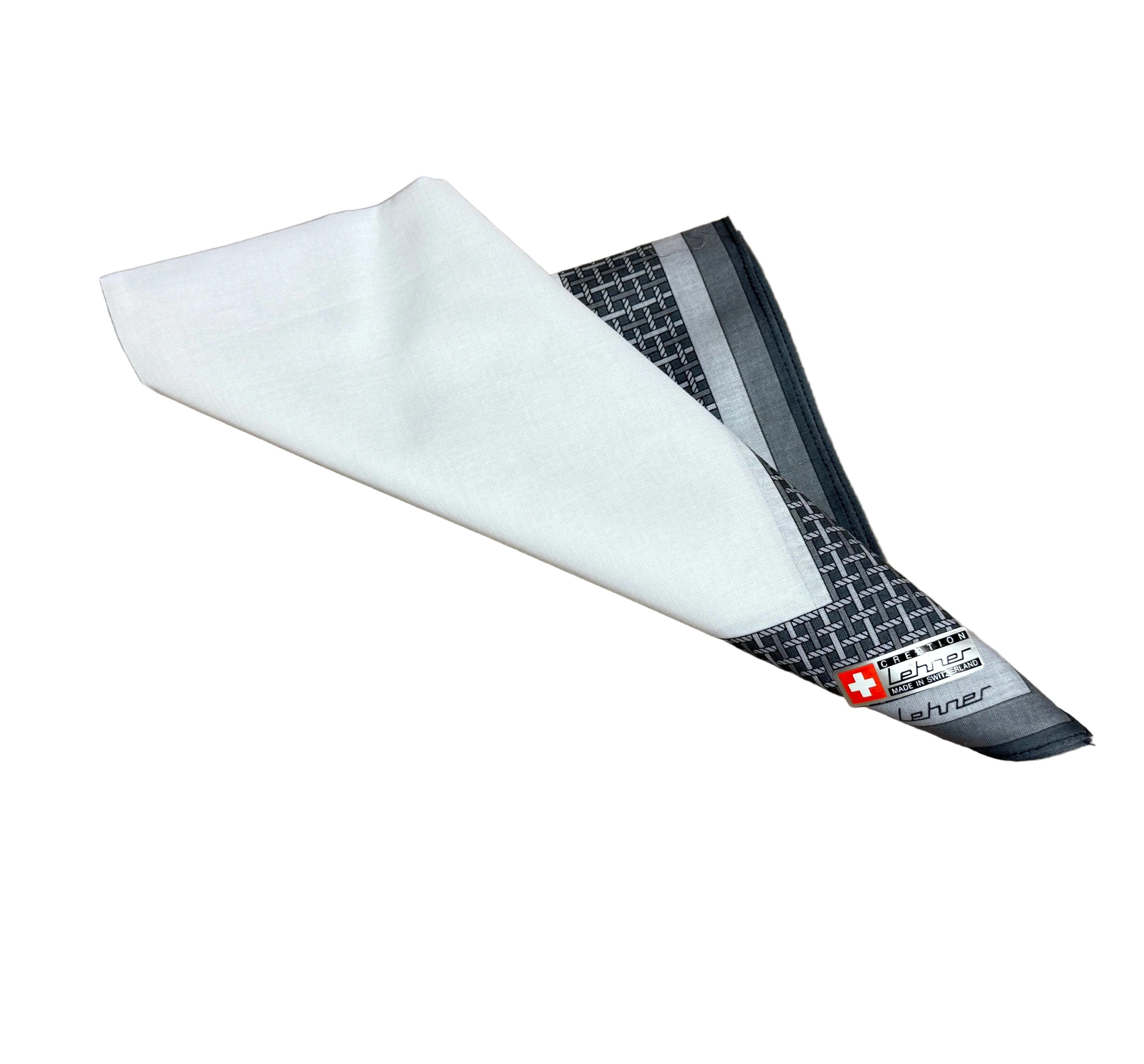 Lehner Men's Swiss Cotton Handkerchief - Grey Lattice Border - Image 2