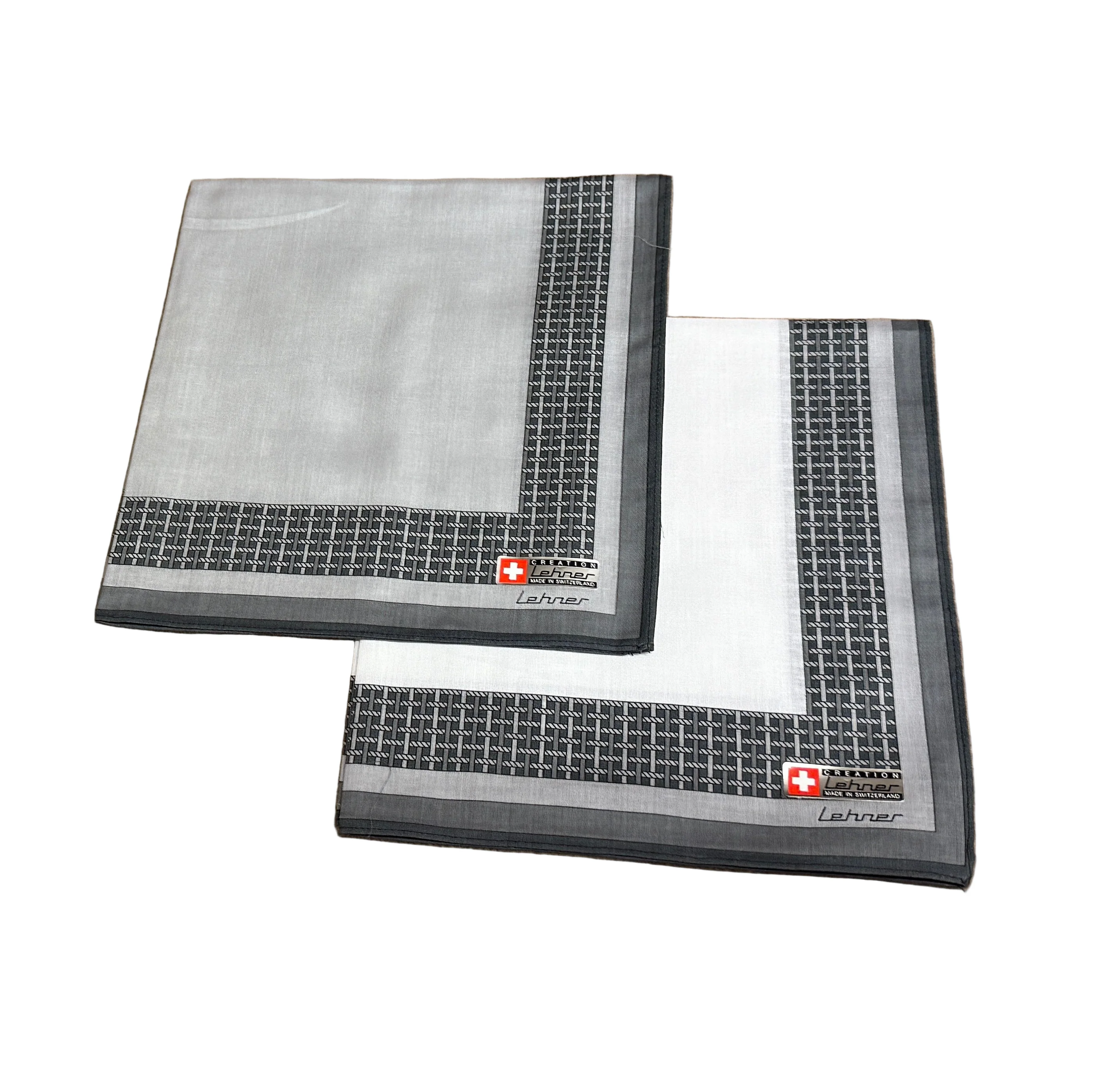 Lehner Men's Swiss Cotton Handkerchief - Grey Lattice Border - Image 3