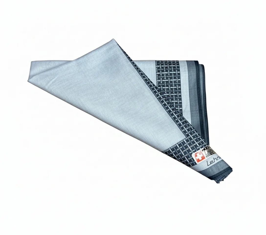 Lehner Men's Swiss Cotton Handkerchief - Grey Lattice Border - Image 5