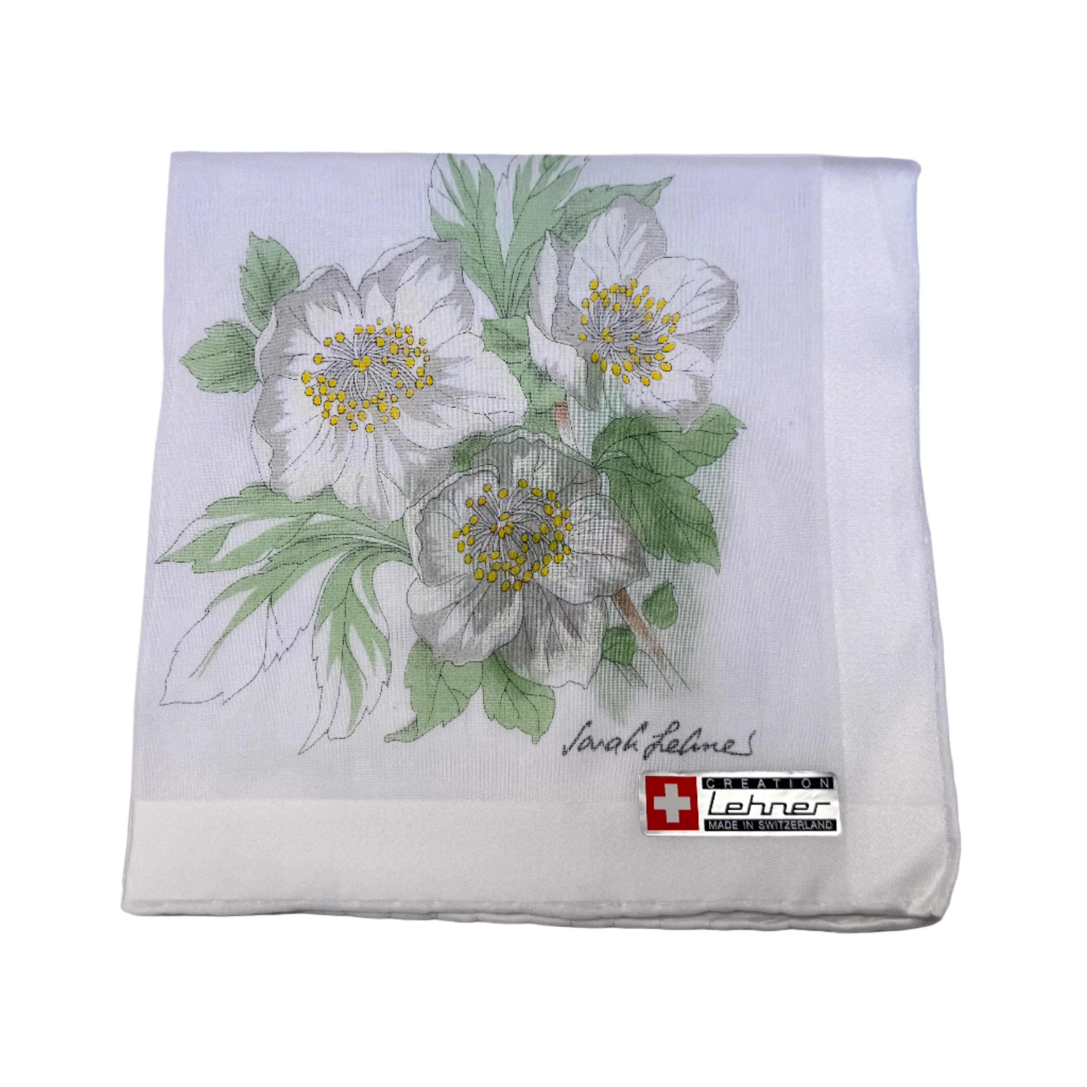 Lehner Ladies Swiss Cotton Hand Rolled Handkerchief - White Flower (Christmas Rose) - Image 2