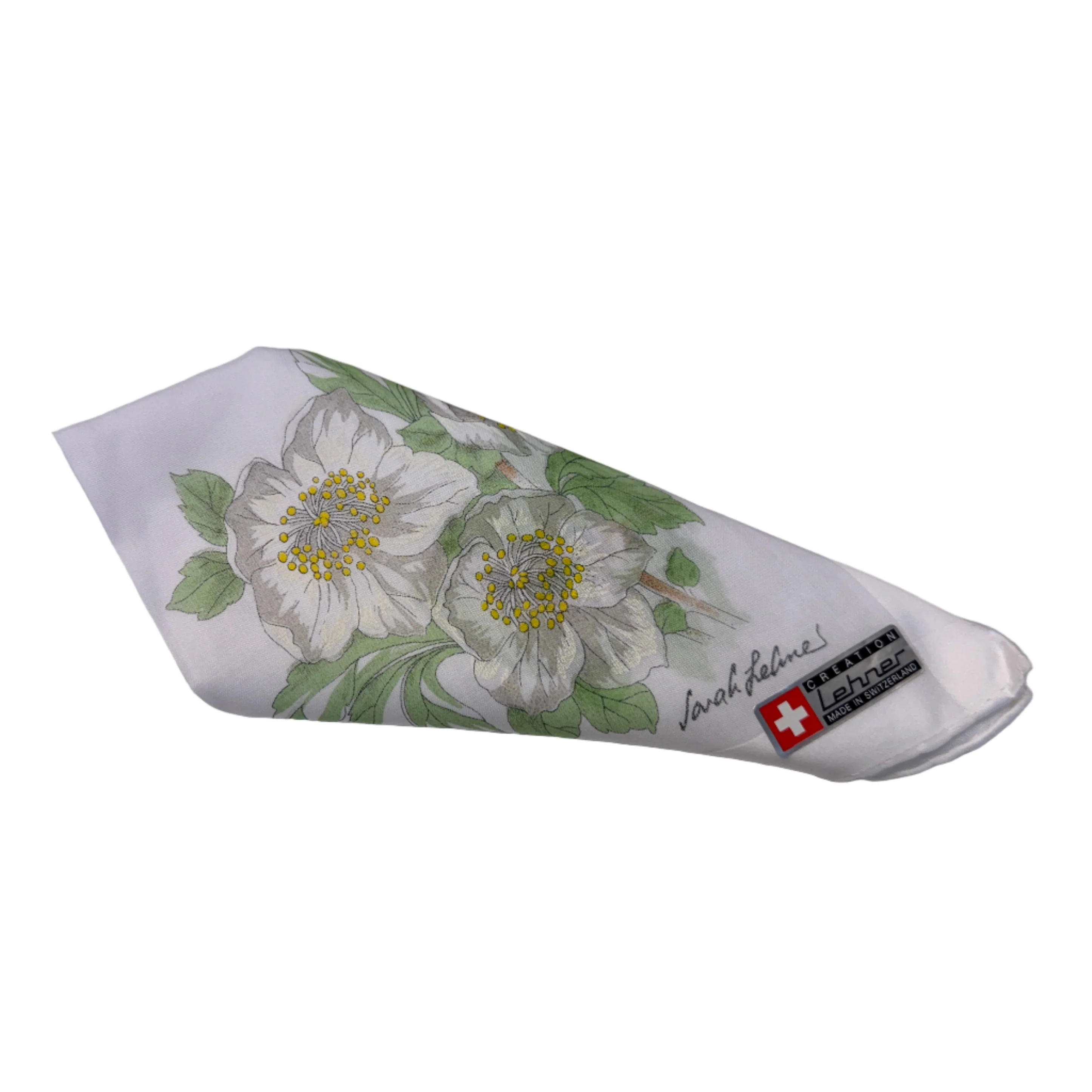 Lehner Ladies Swiss Cotton Hand Rolled Handkerchief - White Flower (Christmas Rose) - Image 3