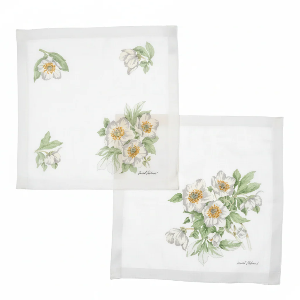 Lehner Ladies Swiss Cotton Hand Rolled Handkerchief - White Flower (Christmas Rose) - Image 4