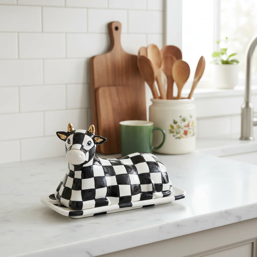 MacKenzie-Childs Courtly Check Cow Creamery Butter Dish - Image 2